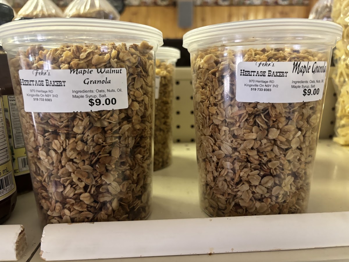 Containers of Fehr's Heritage Bakery maple walnut granola