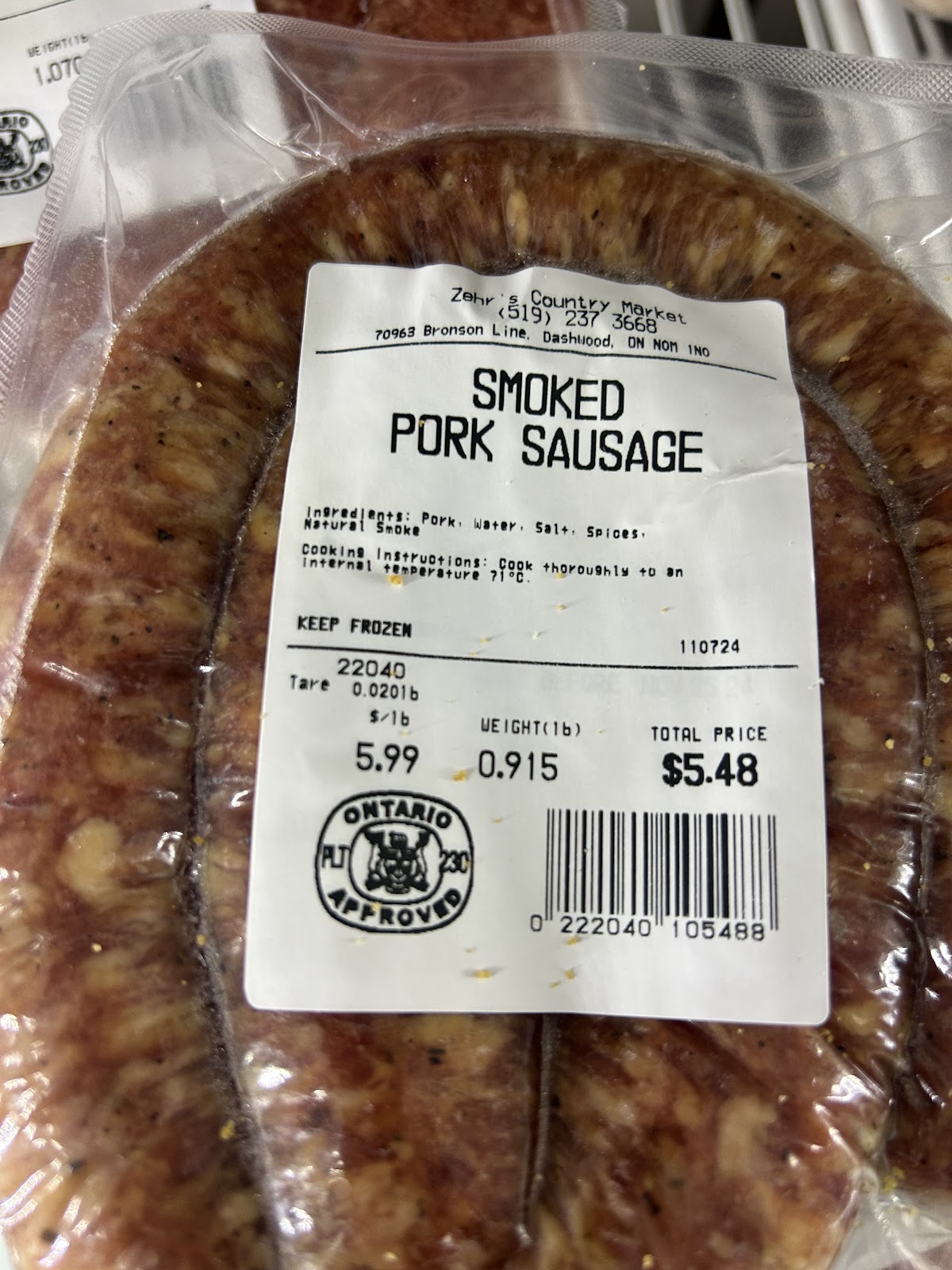 Package of homemade smoked pork sausage